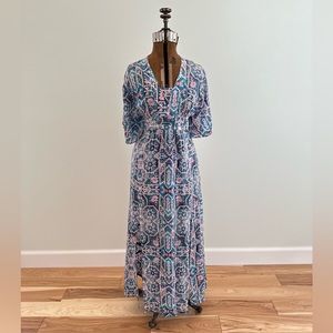 MAEVE (ANTHROPOLOGIE) Blue and Pink Patterned Maxi Dress